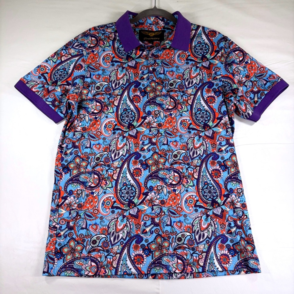 Premiere Mens Paisley Floral Polo Shirt Vintagecore Purple Silky Festival Large